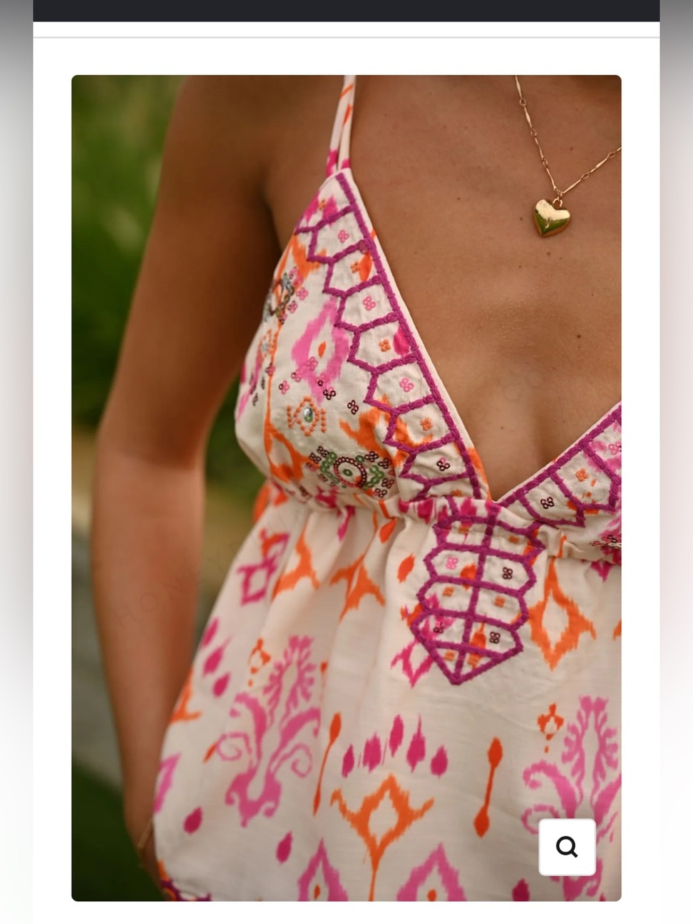 Embroidered V-Neck Sleeveless Top in White with Pink & Orange Print